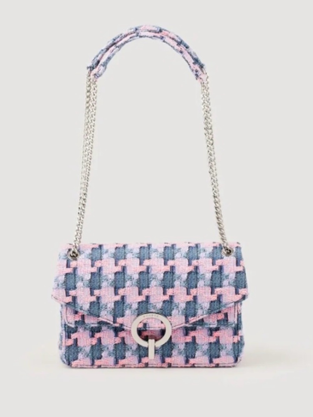 NWT Sandro YZA Tweed Pink and Blue Tweed Shoulder Bag Women's Chain Strap Purse